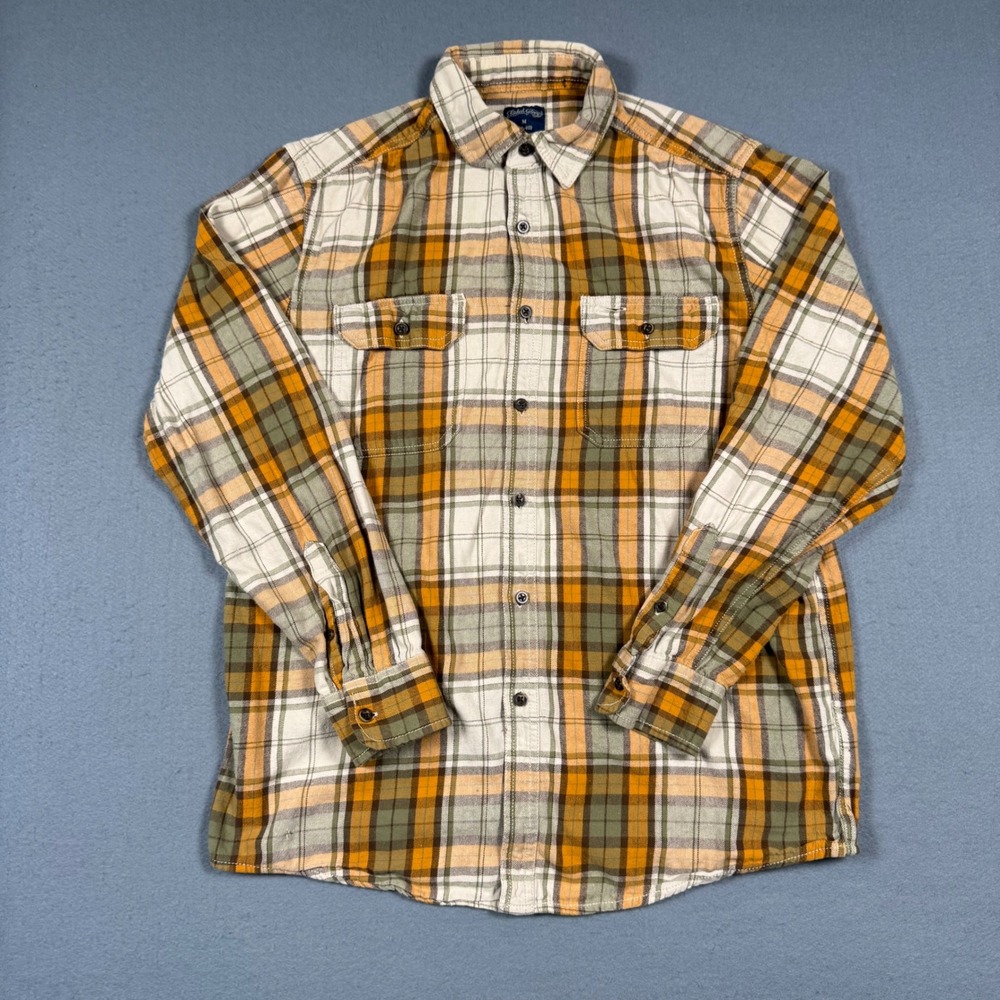 Faded Glory Mens Medium Orange Green Plaid Flannel Button Up Shirt Long Sleeve M